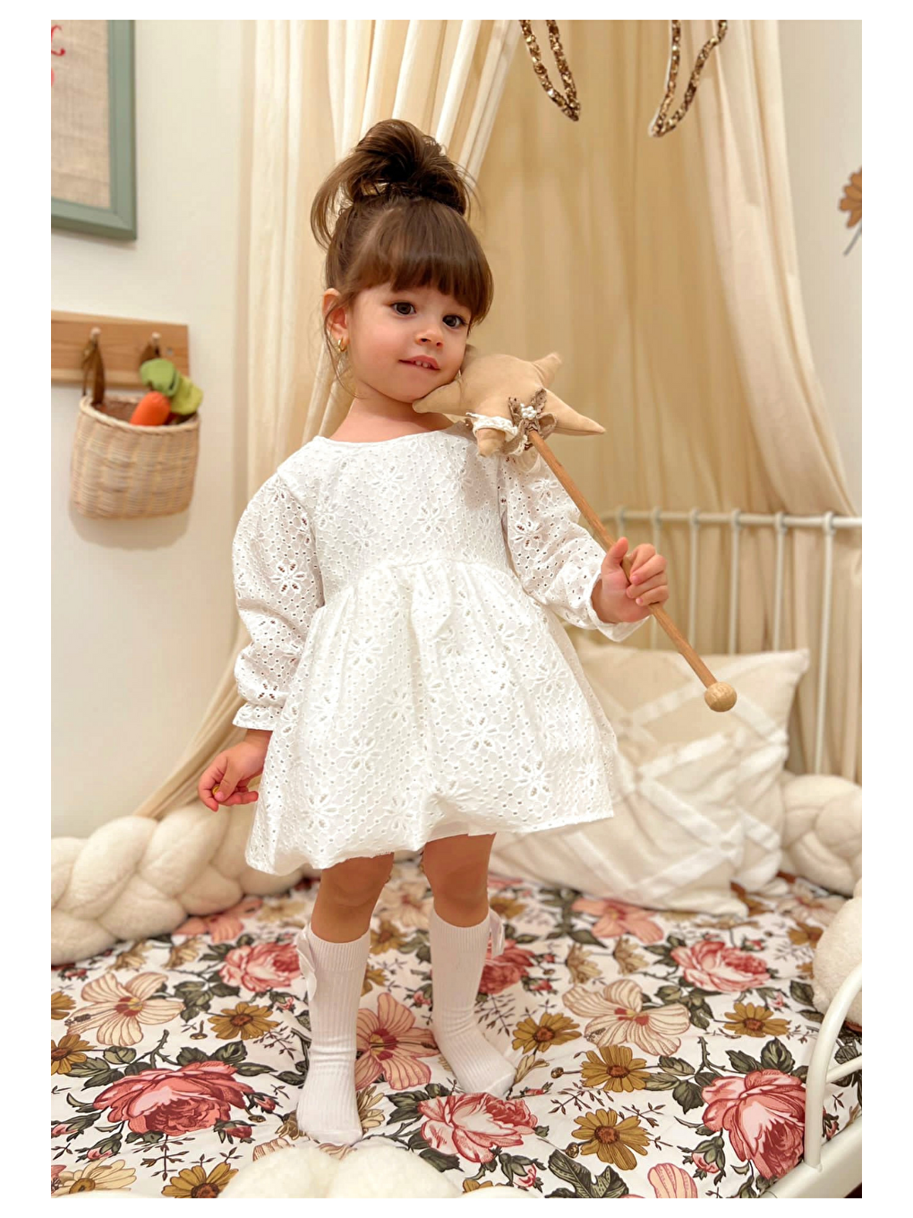 Ekru Full Fisto Detaylı Uzun Kol Kız Çocuk Kız Bebek Elbise-3