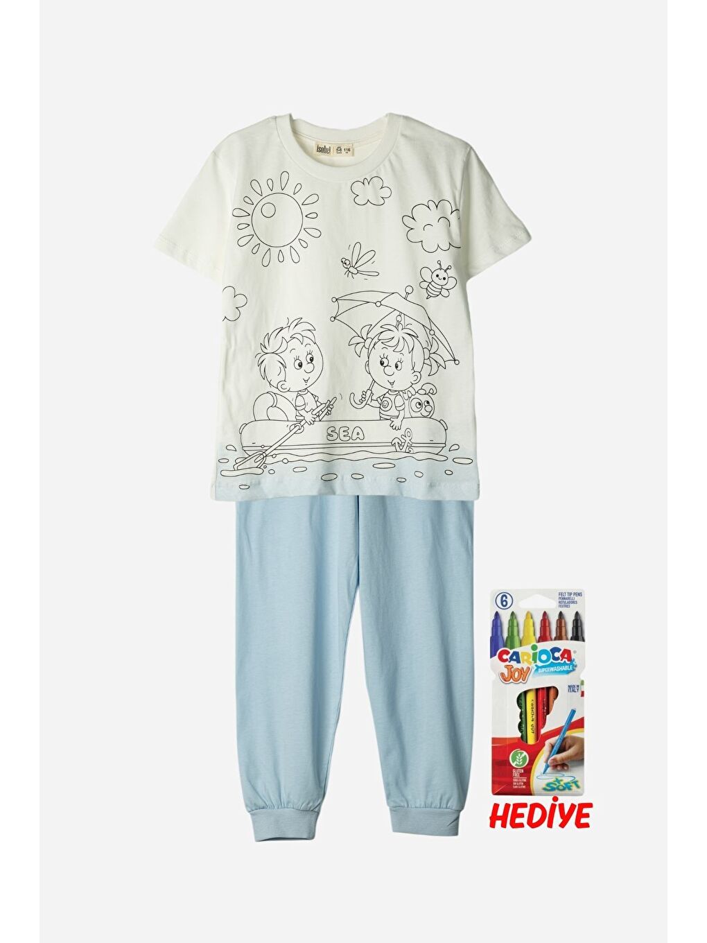 Mavi En Sevimli Figürleri Özel Kalemi ile BOYANABİLİR Çocuk Pijama Takımı (Yıkama Sonrası Leke Bırakmaz)