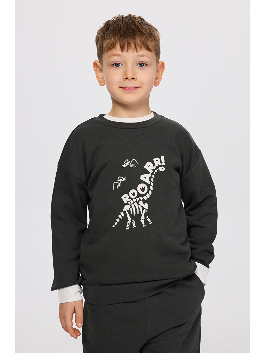 Erkek Çocuk Dinozor Baskı Antrasit Sweatshirt-1