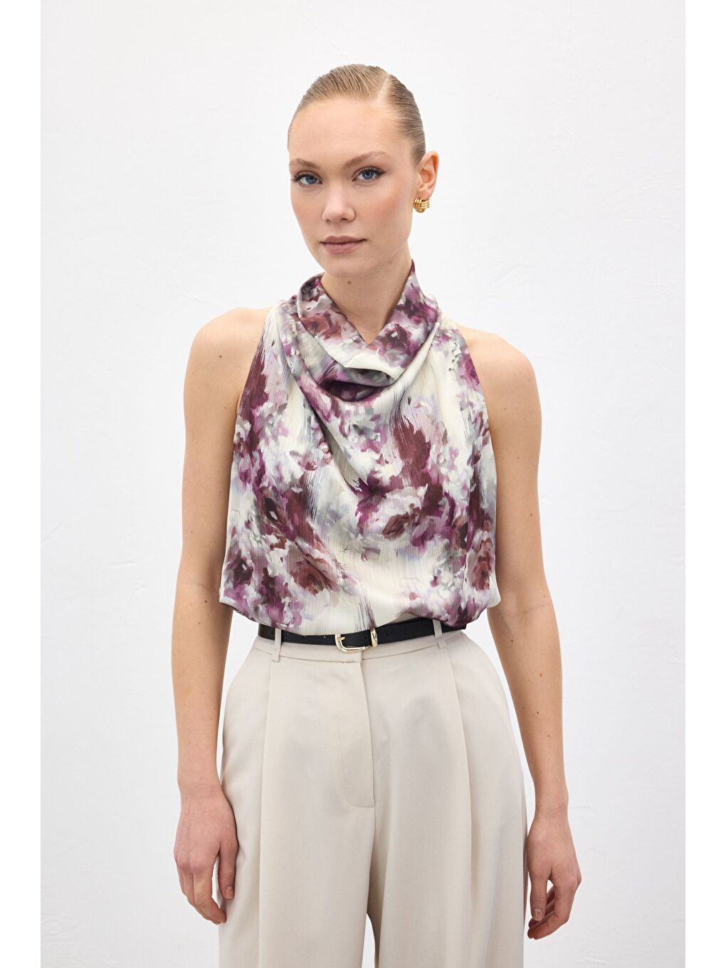 Drapeli Halter Yaka Desenli Bluz - Mürdüm-2