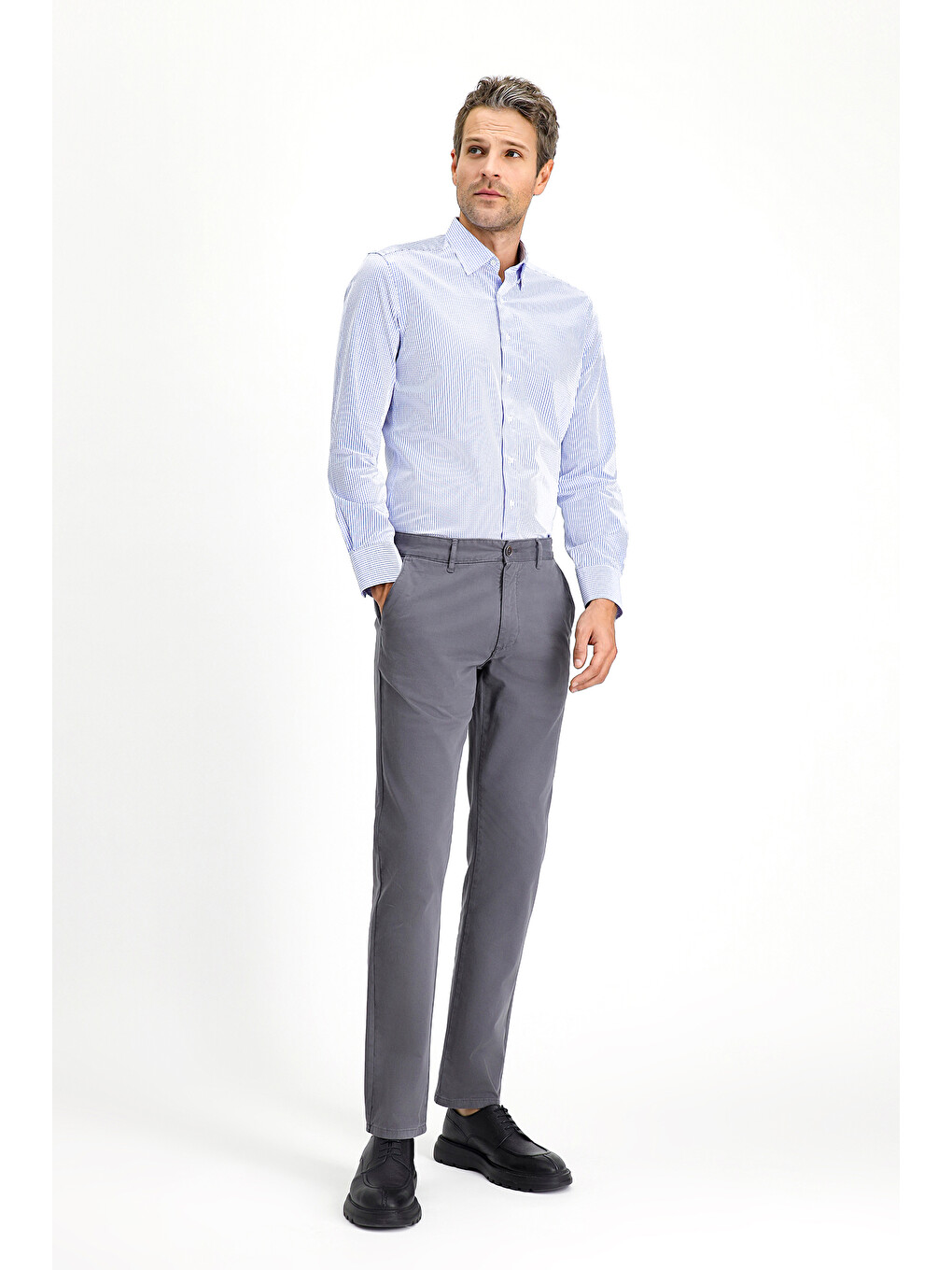 Gri Slim Fit Dar Kesim Elastanlı Kanvas /  Chino Pantolon-1