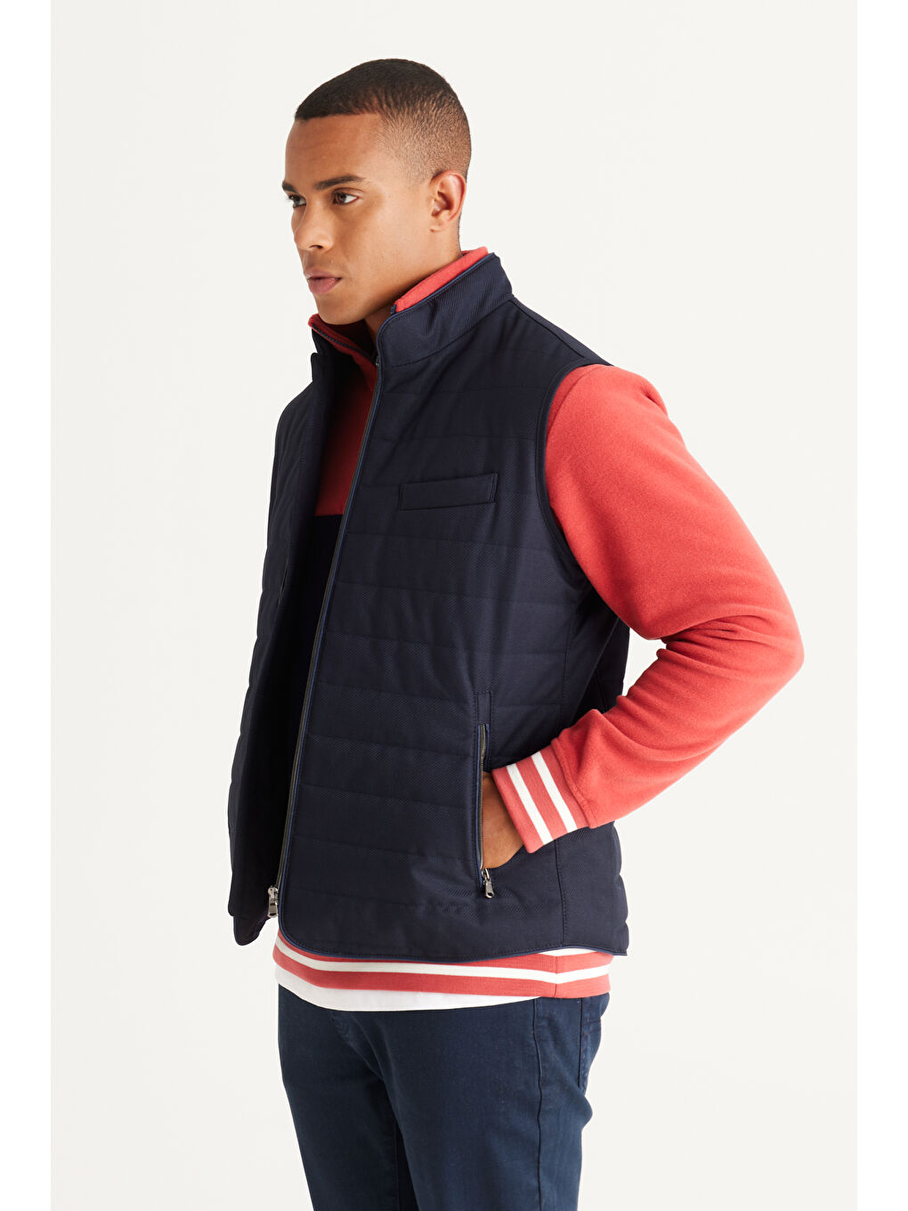 Erkek Lacivert Standart Fit Normal Kesim Dik Yaka Pamuklu Diagonal Desenli Yelek-3