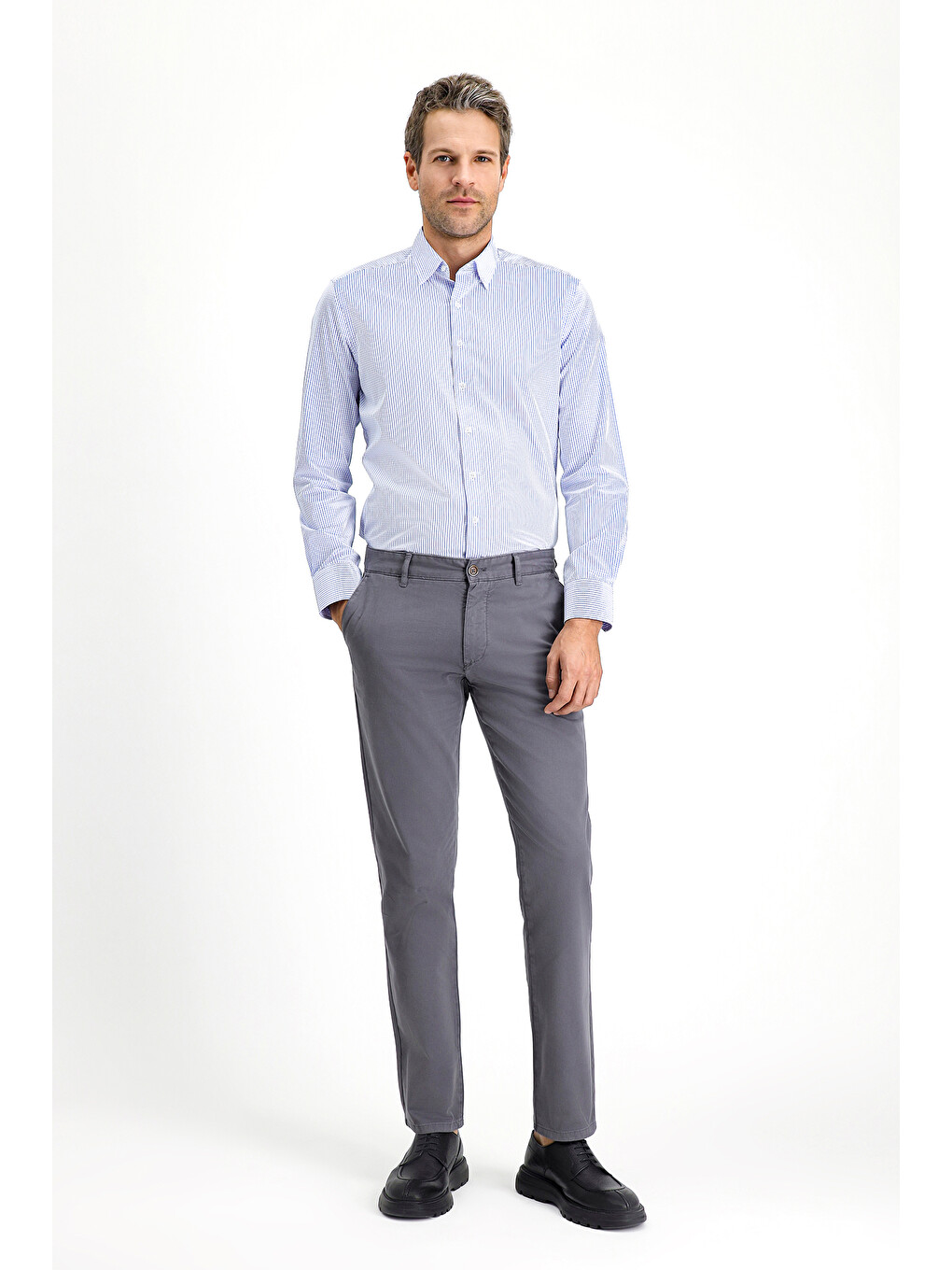 Gri Slim Fit Dar Kesim Elastanlı Kanvas /  Chino Pantolon-2