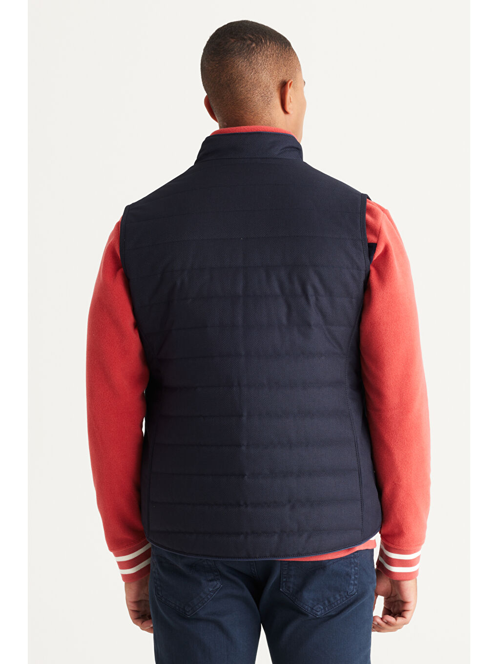 Erkek Lacivert Standart Fit Normal Kesim Dik Yaka Pamuklu Diagonal Desenli Yelek-5