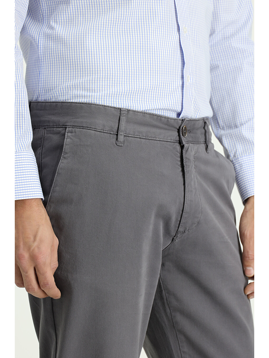 Gri Slim Fit Dar Kesim Elastanlı Kanvas /  Chino Pantolon-3