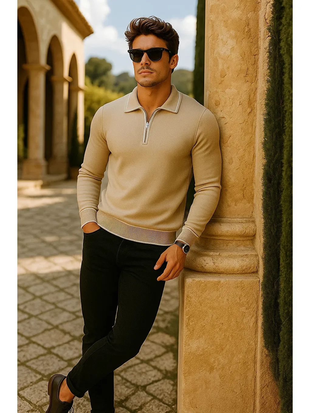 Erkek Günlük Fermuarlı Bej Uzun Kollu Polo Yaka Triko-2
