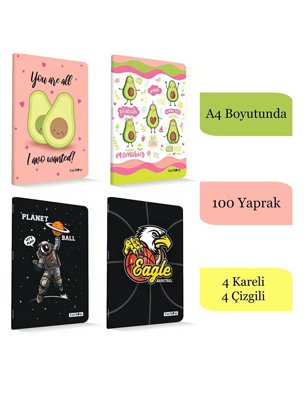 Çınar Karışık Asorti A4 100 Yaprak Karton Kapak Dikişli Defter 4 Kareli+4 Çizgili