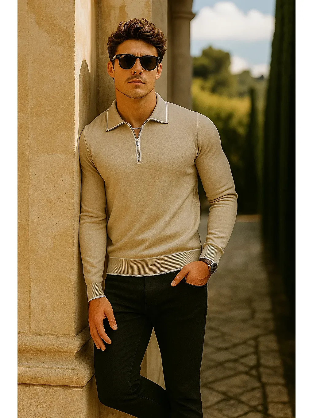 Erkek Günlük Fermuarlı Bej Uzun Kollu Polo Yaka Triko-3
