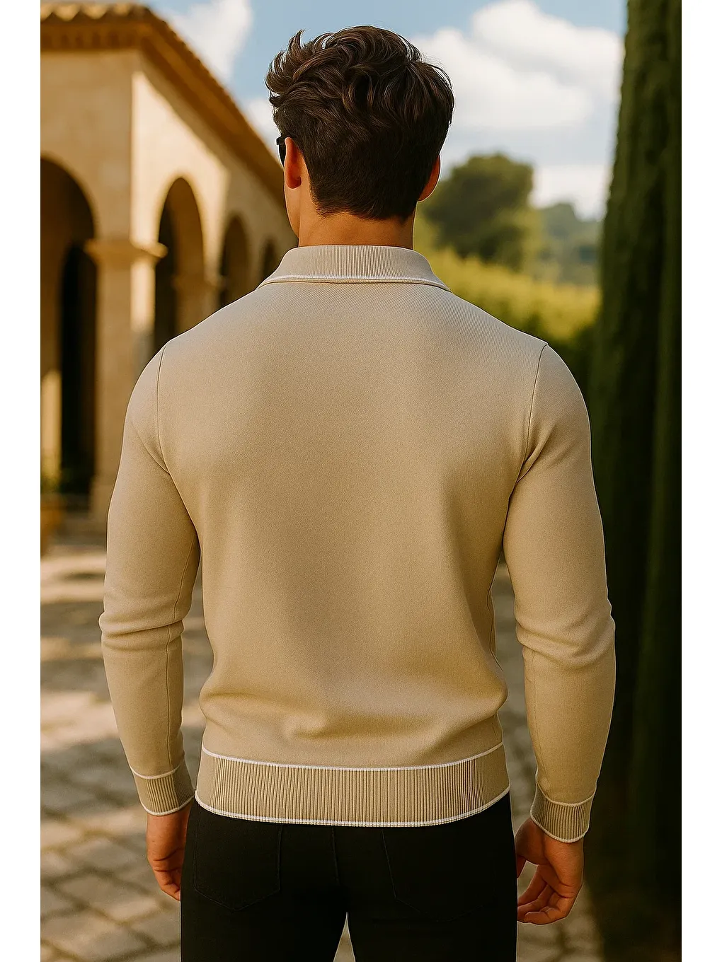 Erkek Günlük Fermuarlı Bej Uzun Kollu Polo Yaka Triko-4