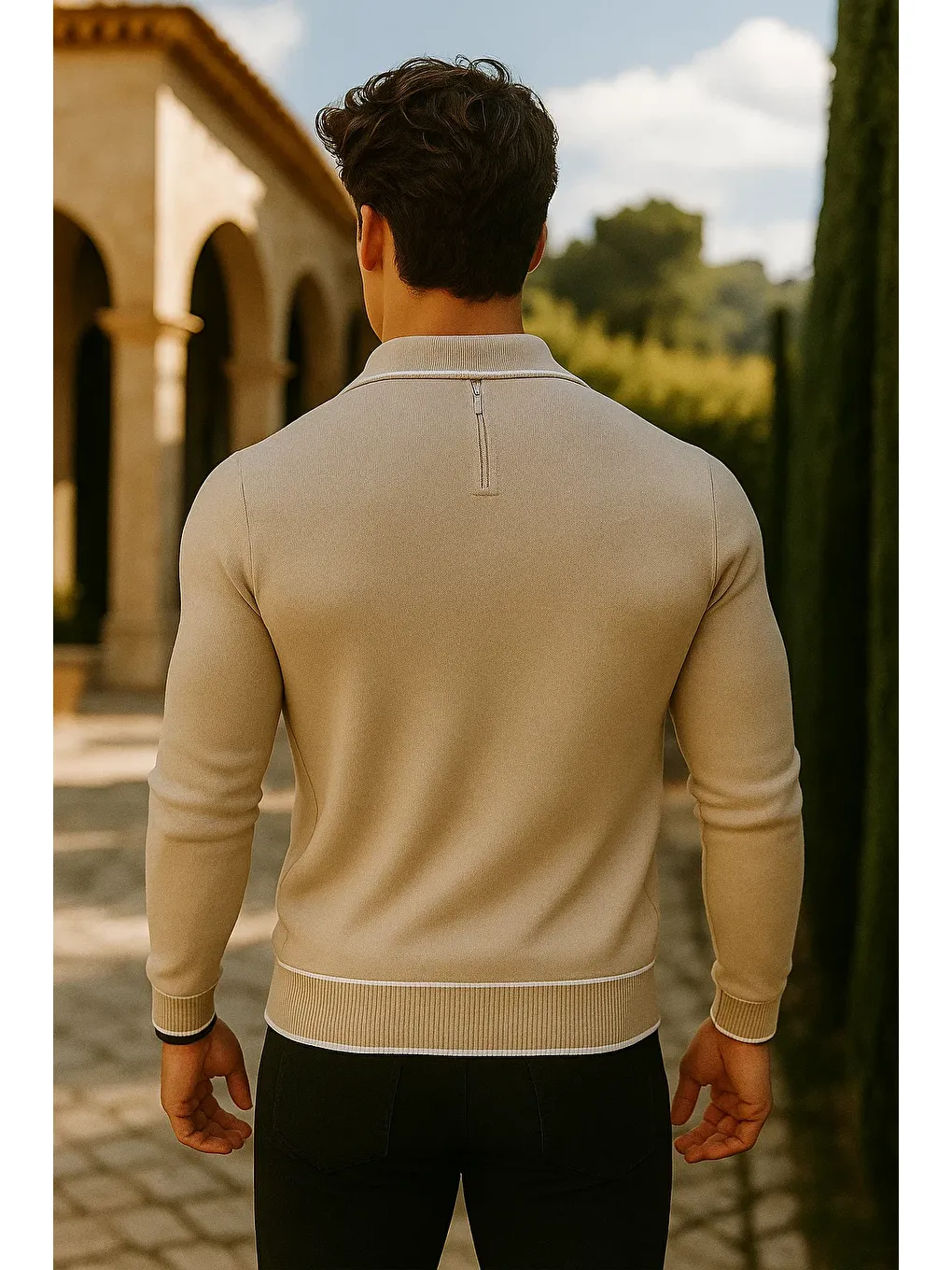 Erkek Günlük Fermuarlı Bej Uzun Kollu Polo Yaka Triko-5