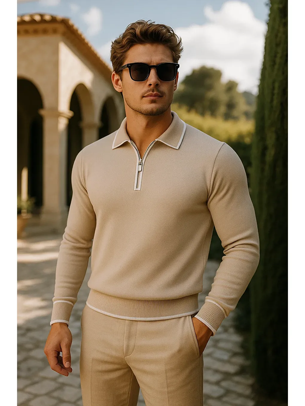 Erkek Günlük Fermuarlı Bej Uzun Kollu Polo Yaka Triko-1