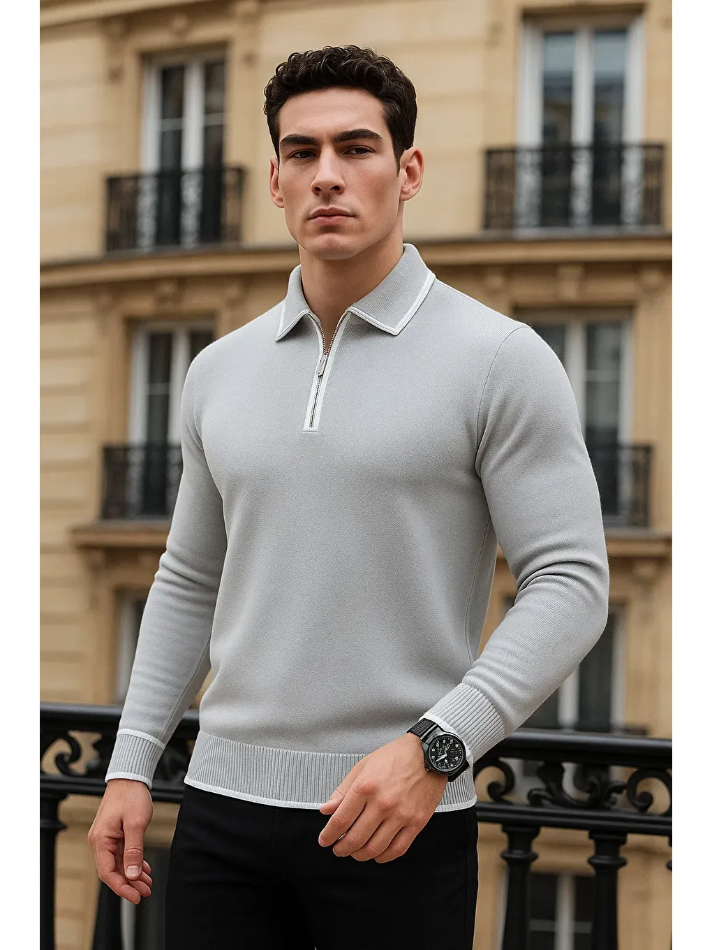 Erkek Trend Fermuarlı Gri Uzun Kollu Polo Yaka Tişört-1