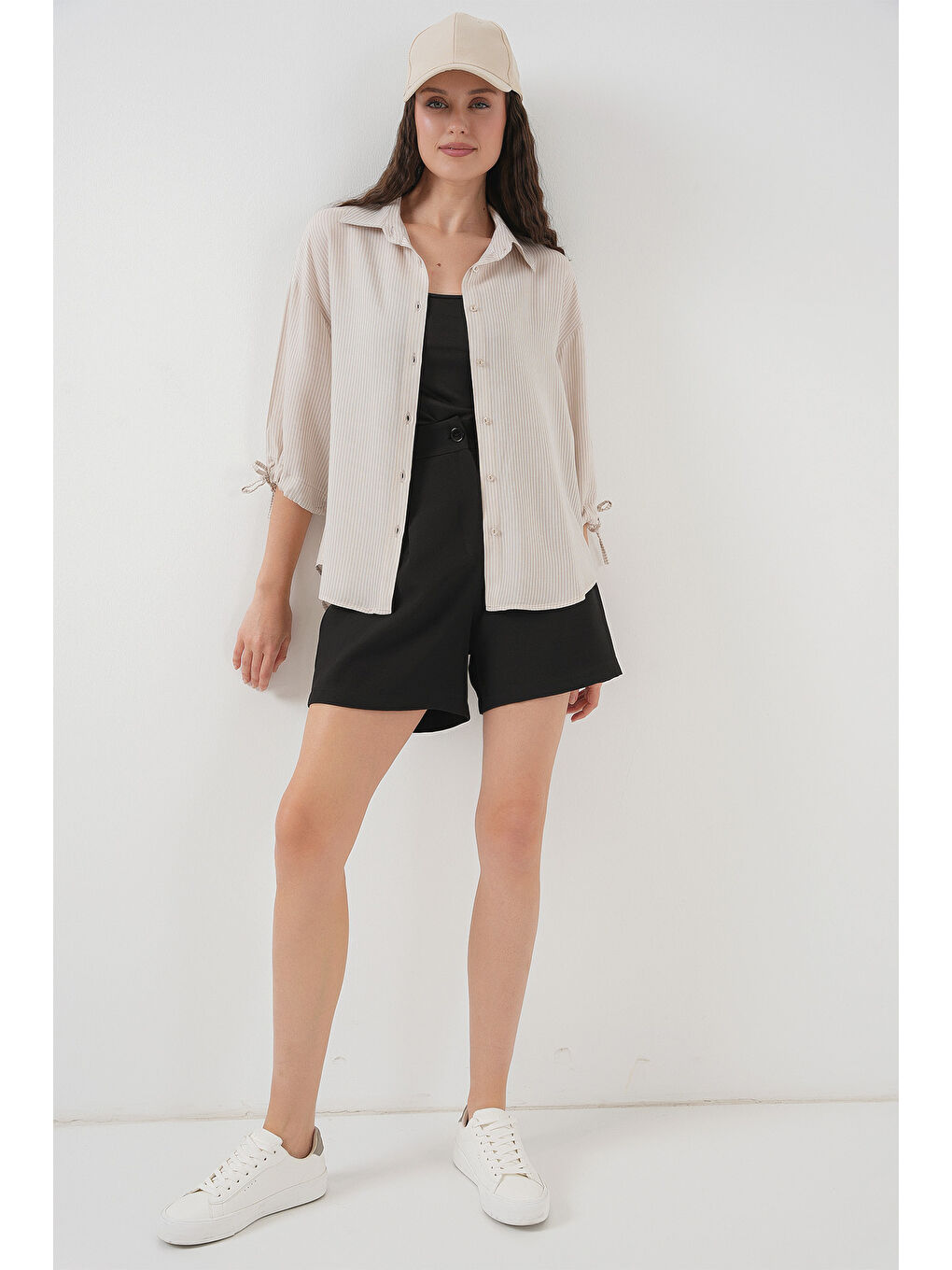 Ekru Kadın Çizgili Oversize Kısa Kol Gömlek 20296 - Krem-1