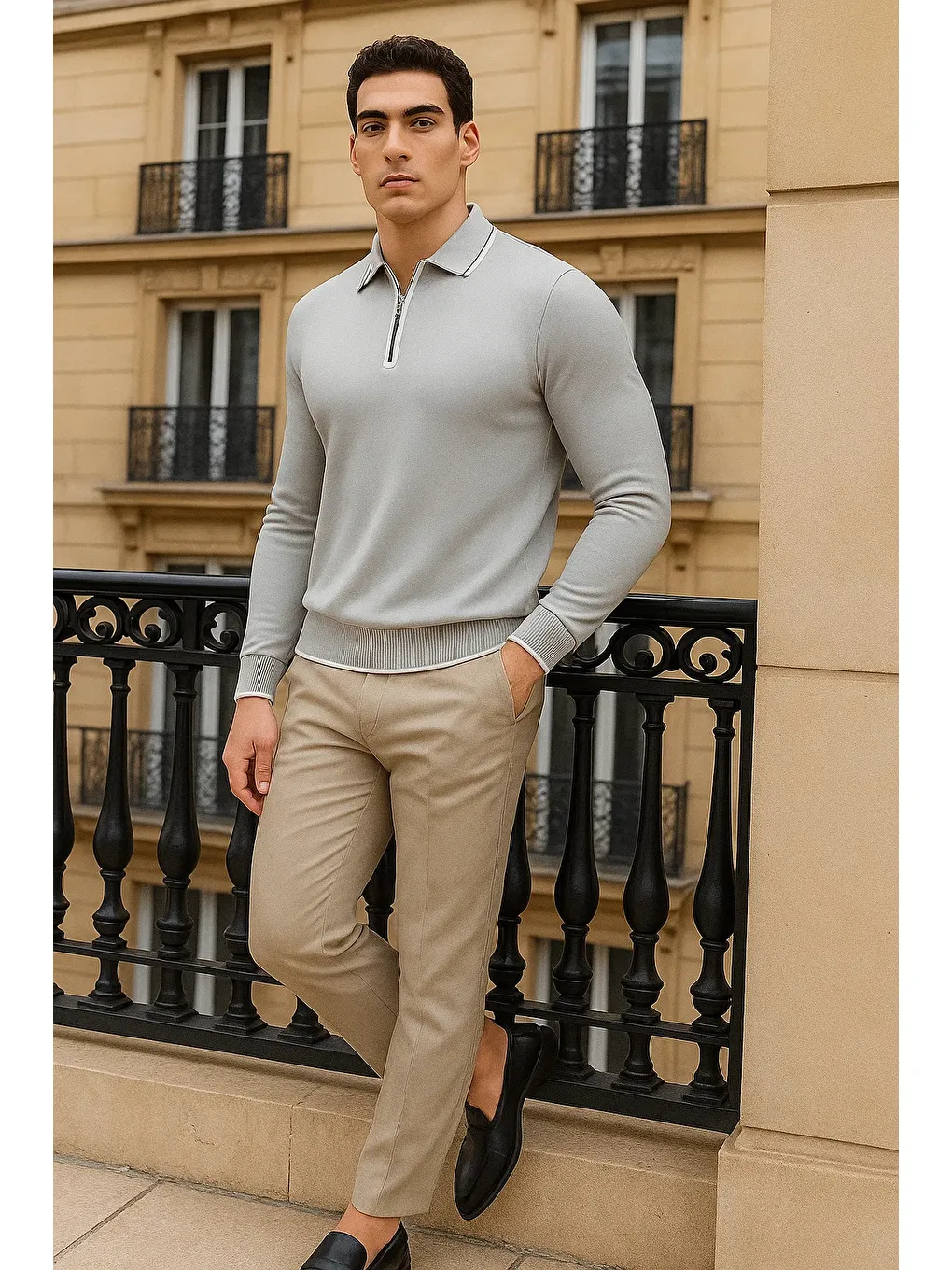 Erkek Trend Fermuarlı Gri Uzun Kollu Polo Yaka Tişört-2