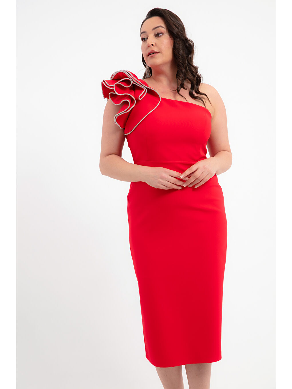 Kadın Kırmızı Tek Omuz Büyük Beden Midi Abiye Elbise-1