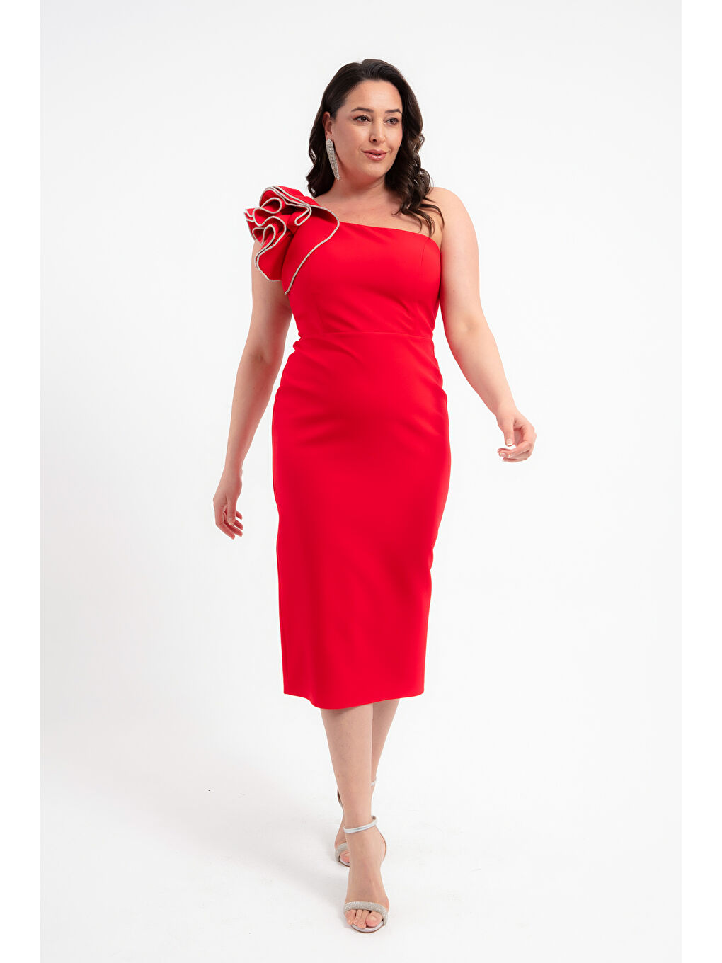 Kadın Kırmızı Tek Omuz Büyük Beden Midi Abiye Elbise-2