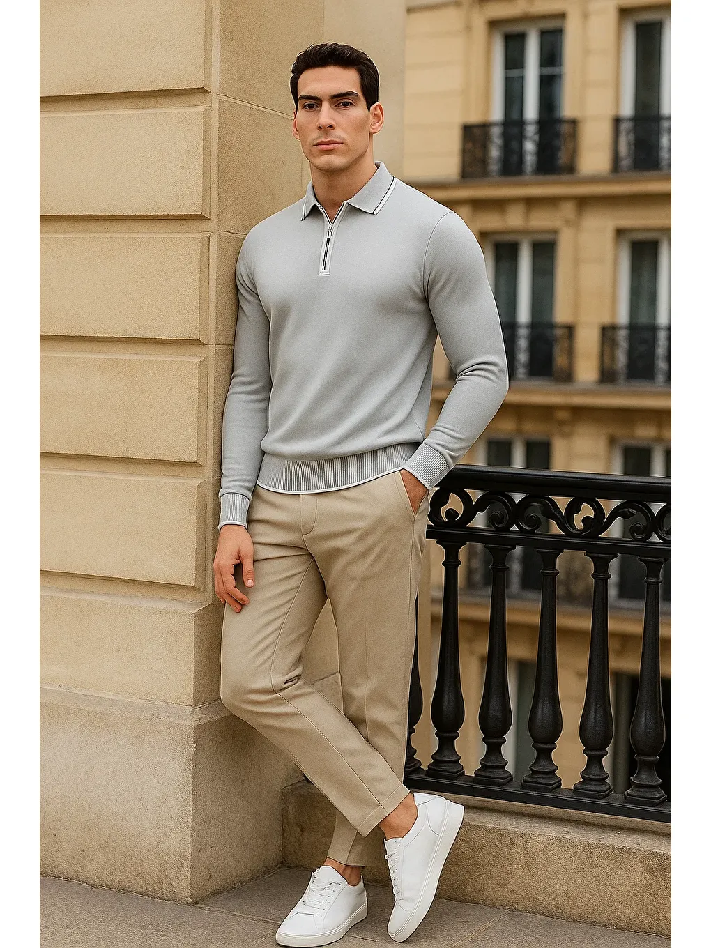 Erkek Trend Fermuarlı Gri Uzun Kollu Polo Yaka Tişört-3