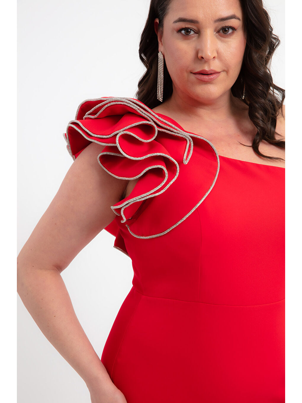Kadın Kırmızı Tek Omuz Büyük Beden Midi Abiye Elbise-3