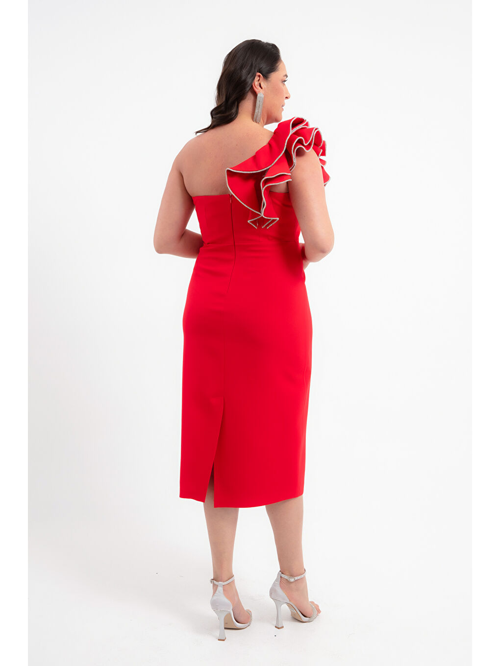 Kadın Kırmızı Tek Omuz Büyük Beden Midi Abiye Elbise-4