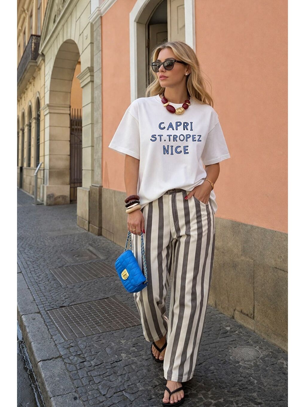 Kadın Premium Kumaş Ekru Baskılı Oversize T-Shirt