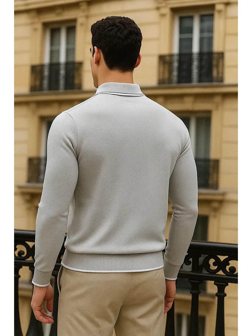 Erkek Trend Fermuarlı Gri Uzun Kollu Polo Yaka Tişört-4