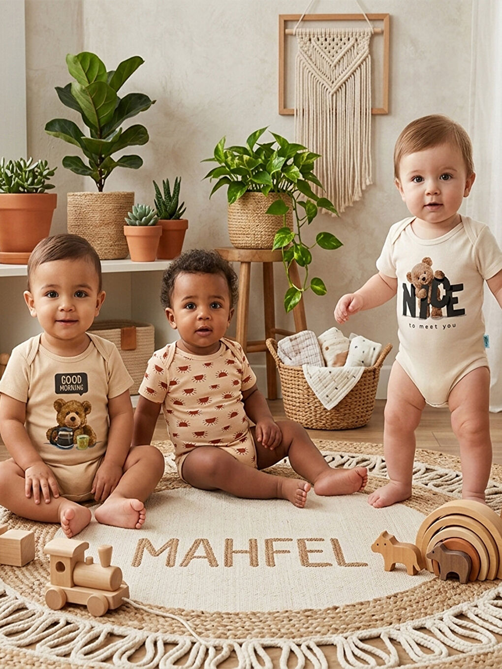 Turkuaz 3'lü %100 Pamuklu Organik Baskılı Kısa Kollu Çıtçıtlı Bebek Body Zıbın 24-28-1