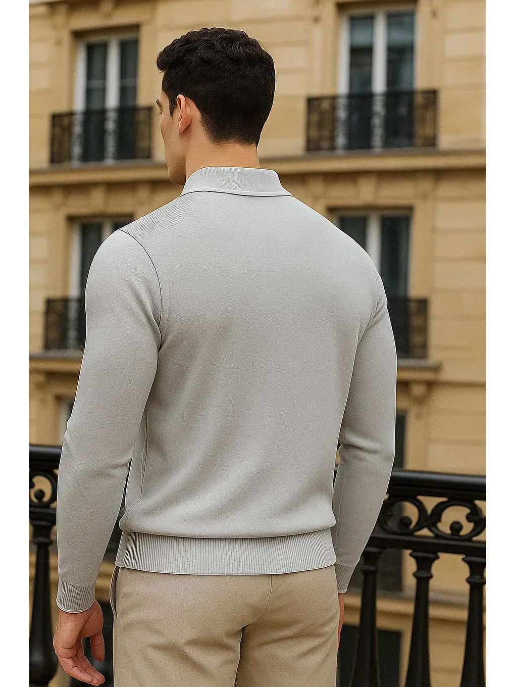 Erkek Trend Fermuarlı Gri Uzun Kollu Polo Yaka Tişört-5