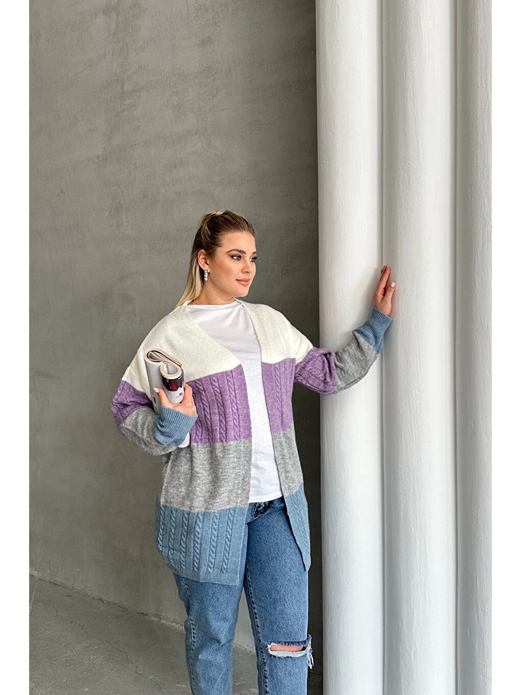 Karışık Büyük Beden Uzun Kollu Önü Kapamasız Renk Bloklu Triko Hırka 302148-3