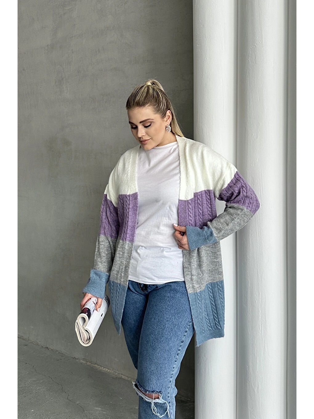 Karışık Büyük Beden Uzun Kollu Önü Kapamasız Renk Bloklu Triko Hırka 302148-4