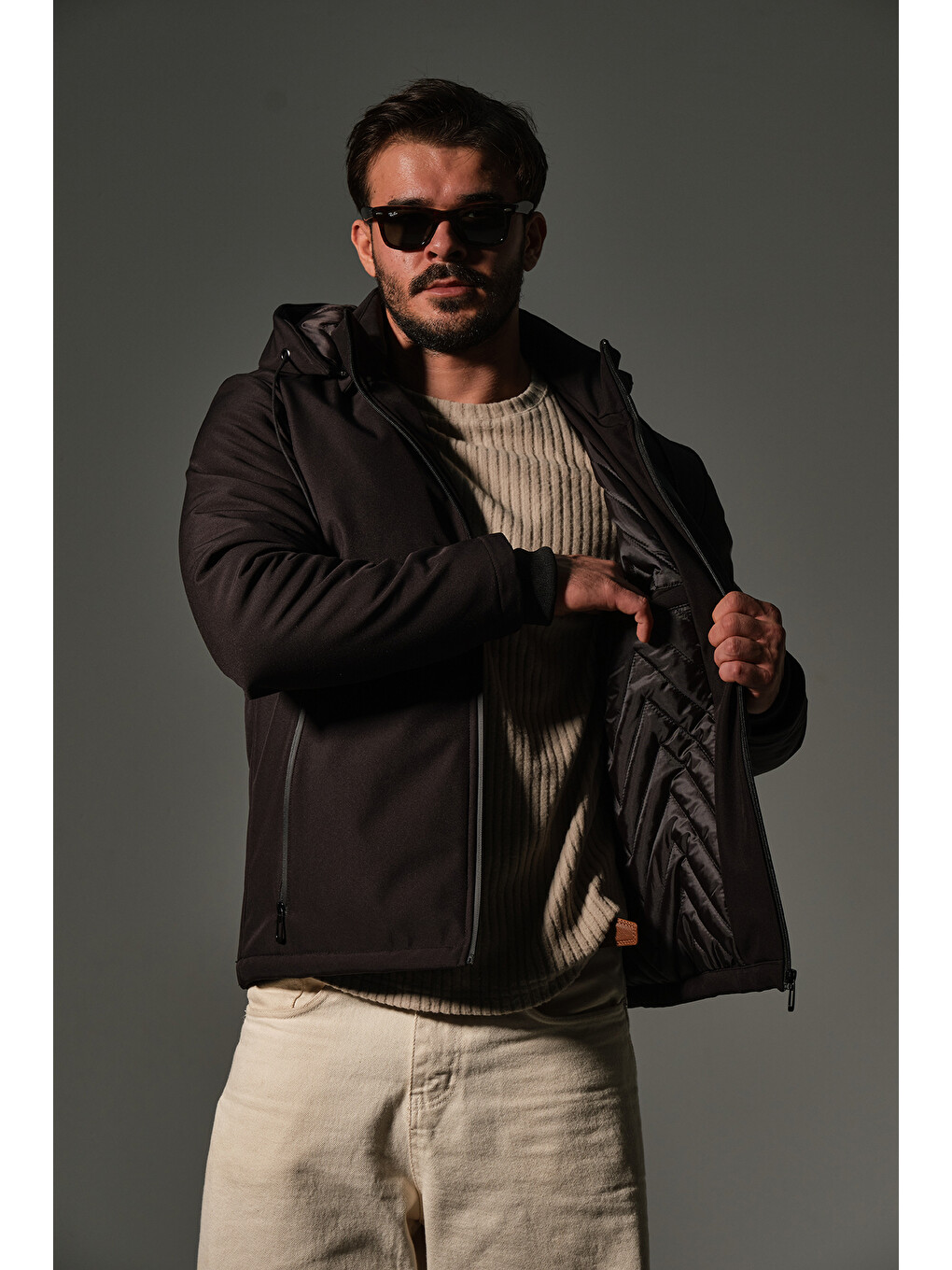 Siyah Kapitone elyaflı Softshell, çıkarılabilir Kapüşonlu kışlık erkek Outdoor Mont @Berge-2
