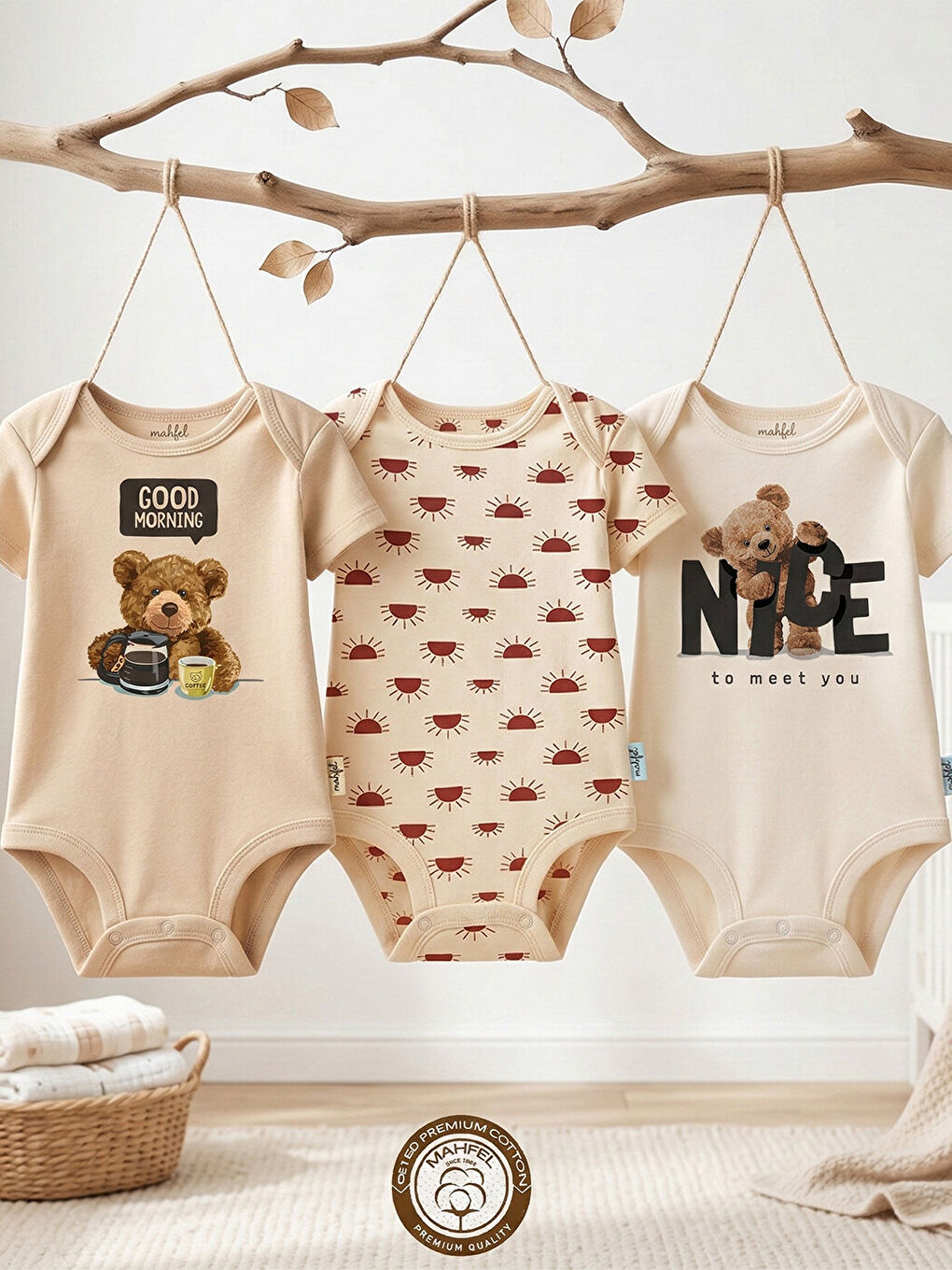 Turkuaz 3'lü %100 Pamuklu Organik Baskılı Kısa Kollu Çıtçıtlı Bebek Body Zıbın 24-28-2