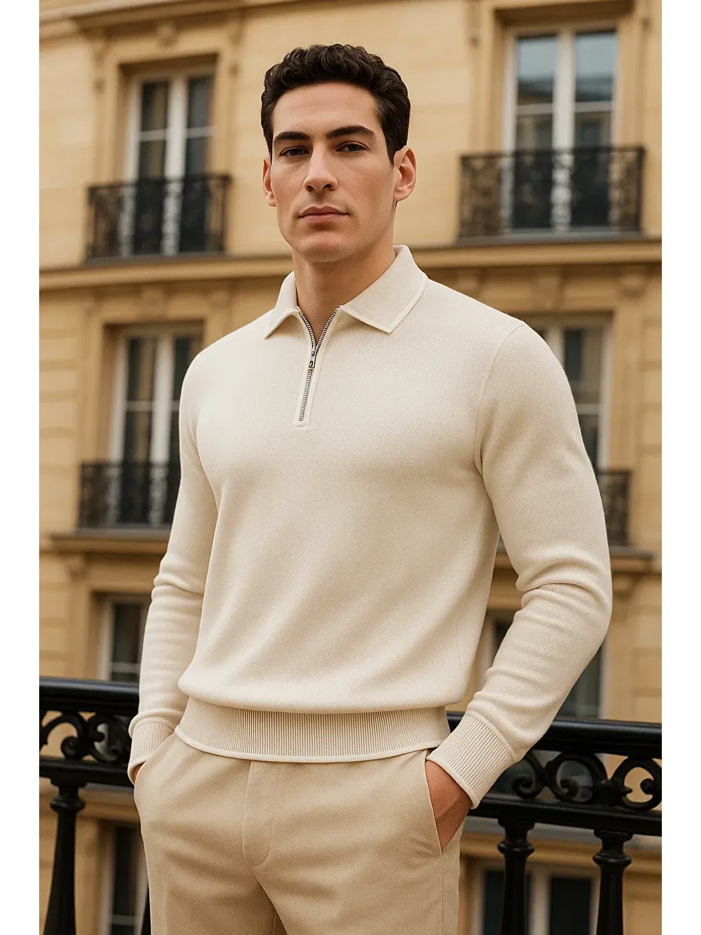 Ekru Erkek Trend Fermuarlı Krem Uzun Kollu Polo Yaka Tişört