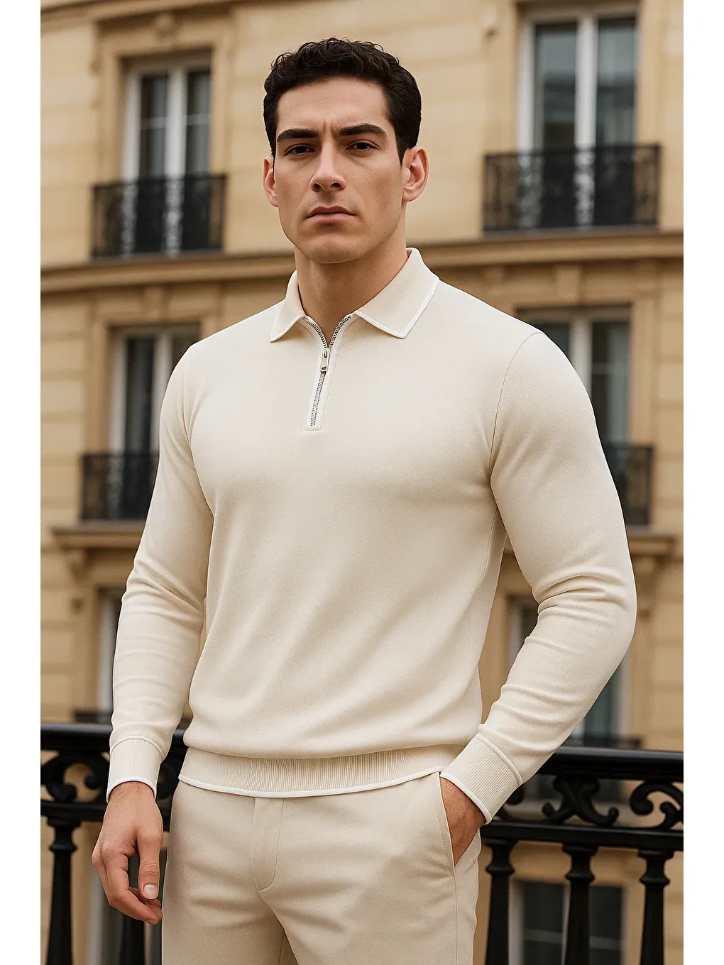 Ekru Erkek Trend Fermuarlı Krem Uzun Kollu Polo Yaka Tişört-1