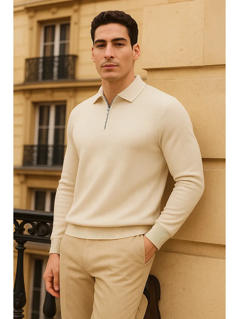 Ekru Erkek Trend Fermuarlı Krem Uzun Kollu Polo Yaka Tişört-2