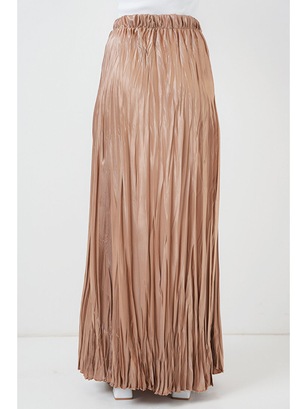 Bej Kadın Uzun Kırışık Parlak Etek 8034 - Bisküvi-5