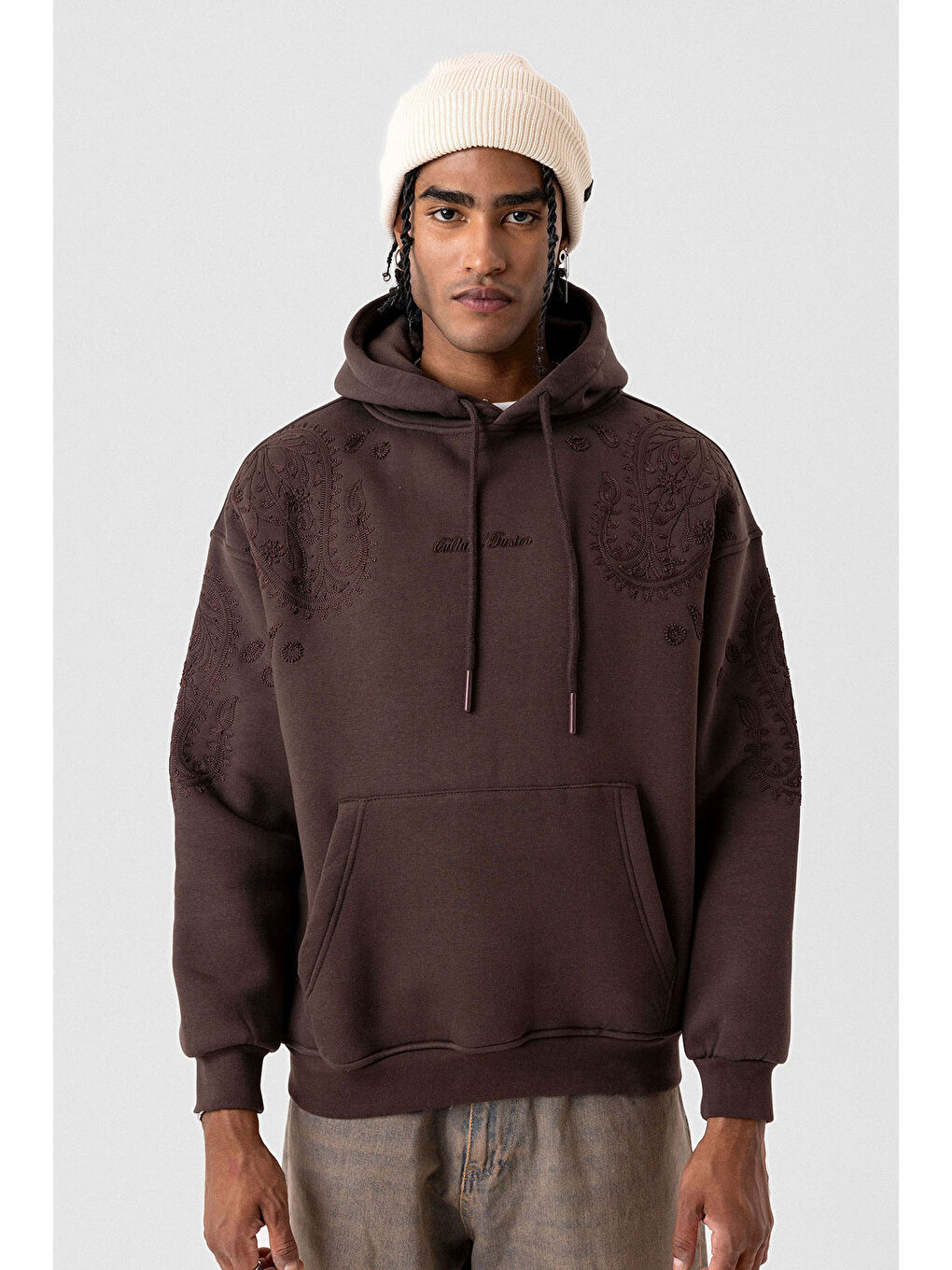 Kahverengi Desenli Oversize Erkek Kapüşonlu Sweatshirt Hoodie Kahve-1