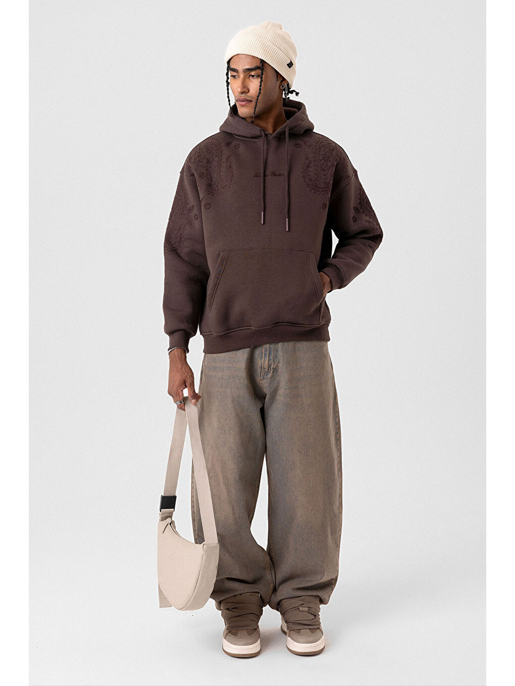 Kahverengi Desenli Oversize Erkek Kapüşonlu Sweatshirt Hoodie Kahve-2