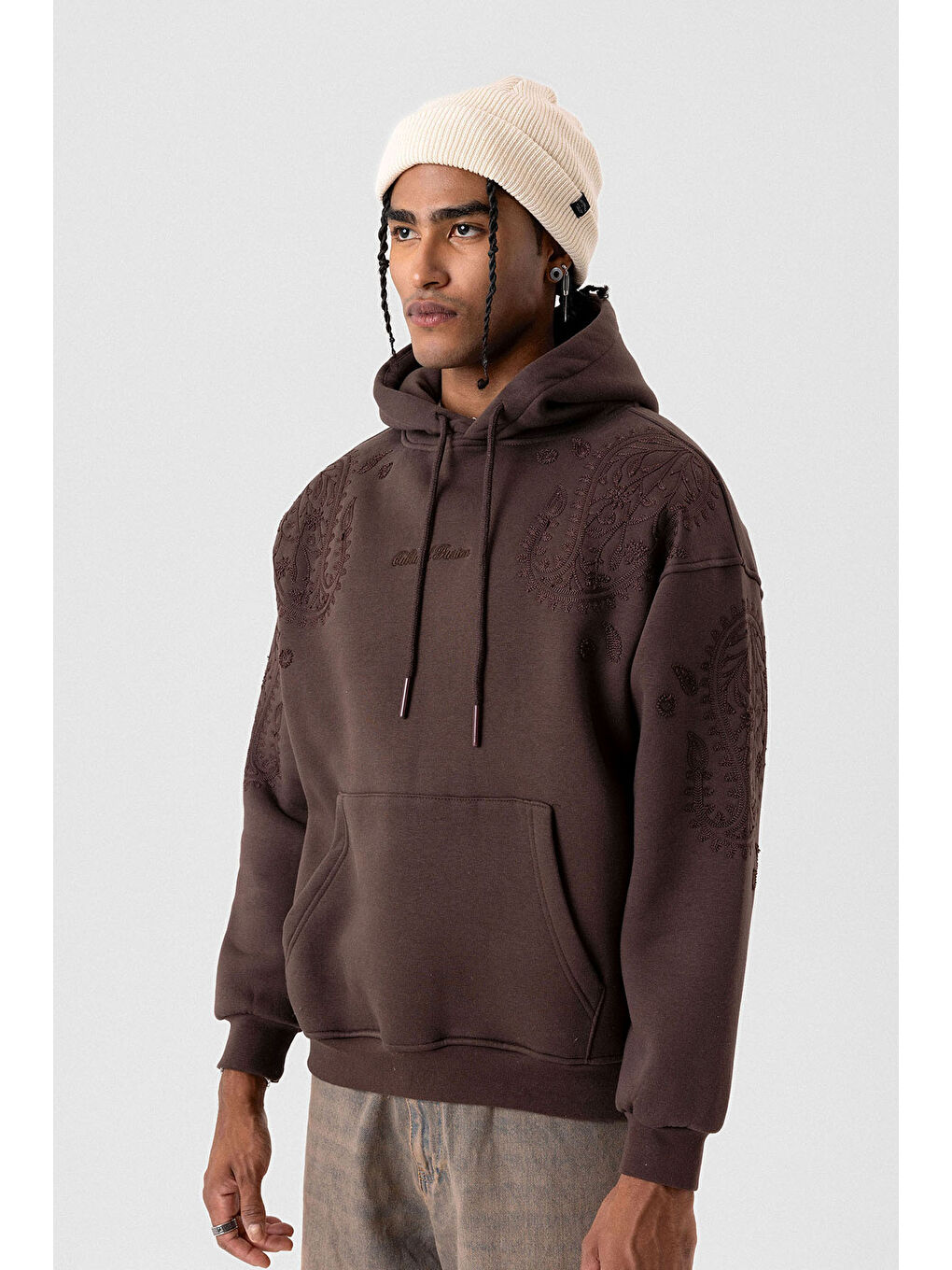Kahverengi Desenli Oversize Erkek Kapüşonlu Sweatshirt Hoodie Kahve-3