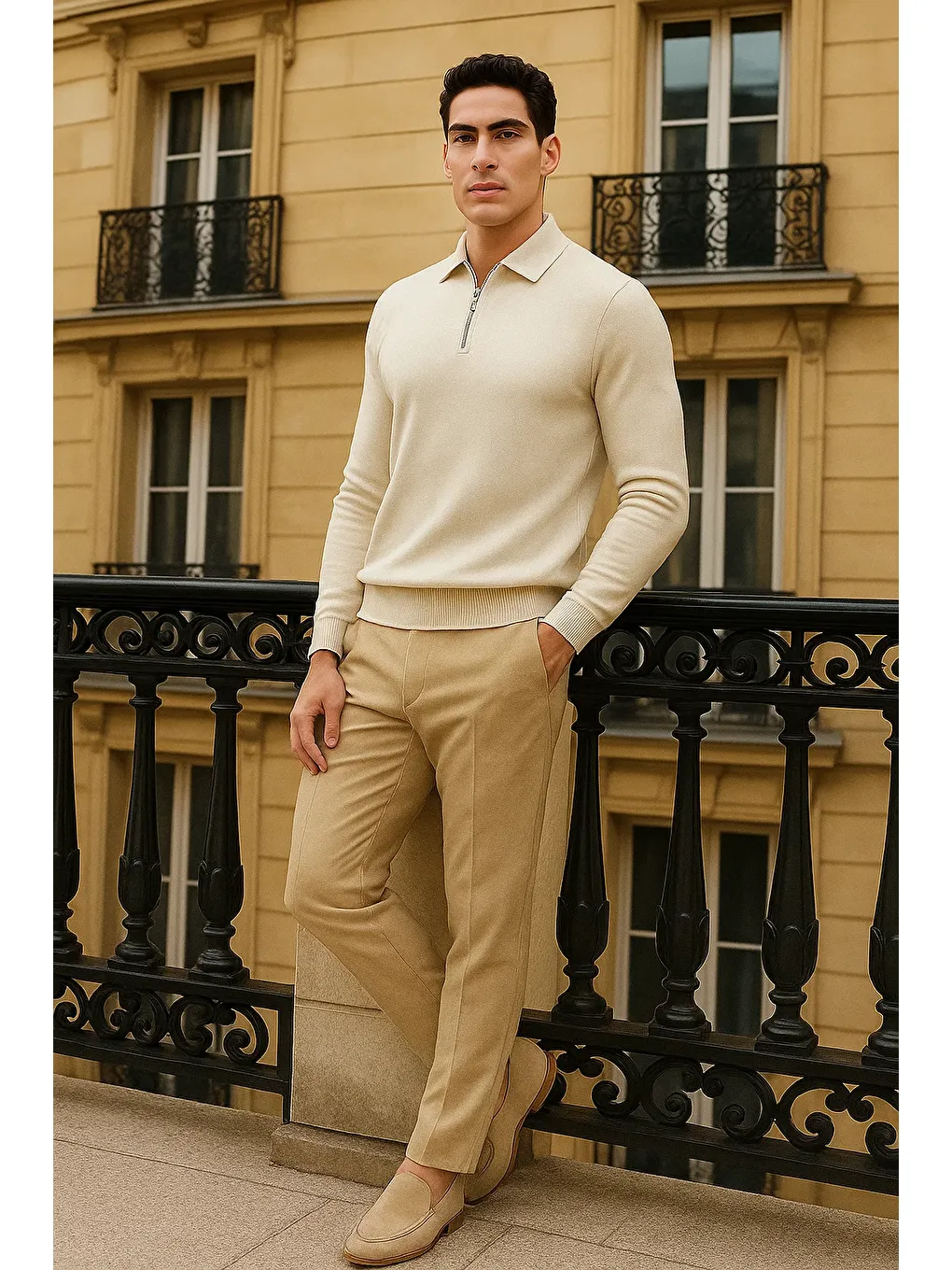 Ekru Erkek Trend Fermuarlı Krem Uzun Kollu Polo Yaka Tişört-3