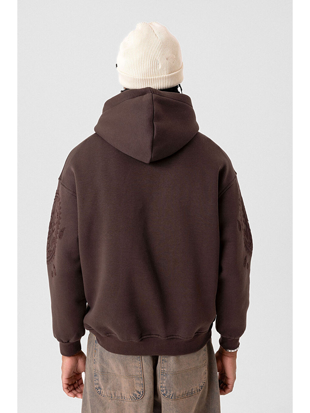 Kahverengi Desenli Oversize Erkek Kapüşonlu Sweatshirt Hoodie Kahve-4