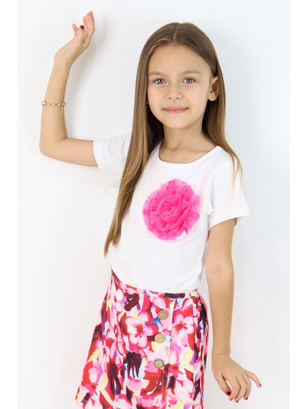 Kız Çocuk Tişört Tül Çiçek Aksesuarlı Beyaz (5-10 Yaş)