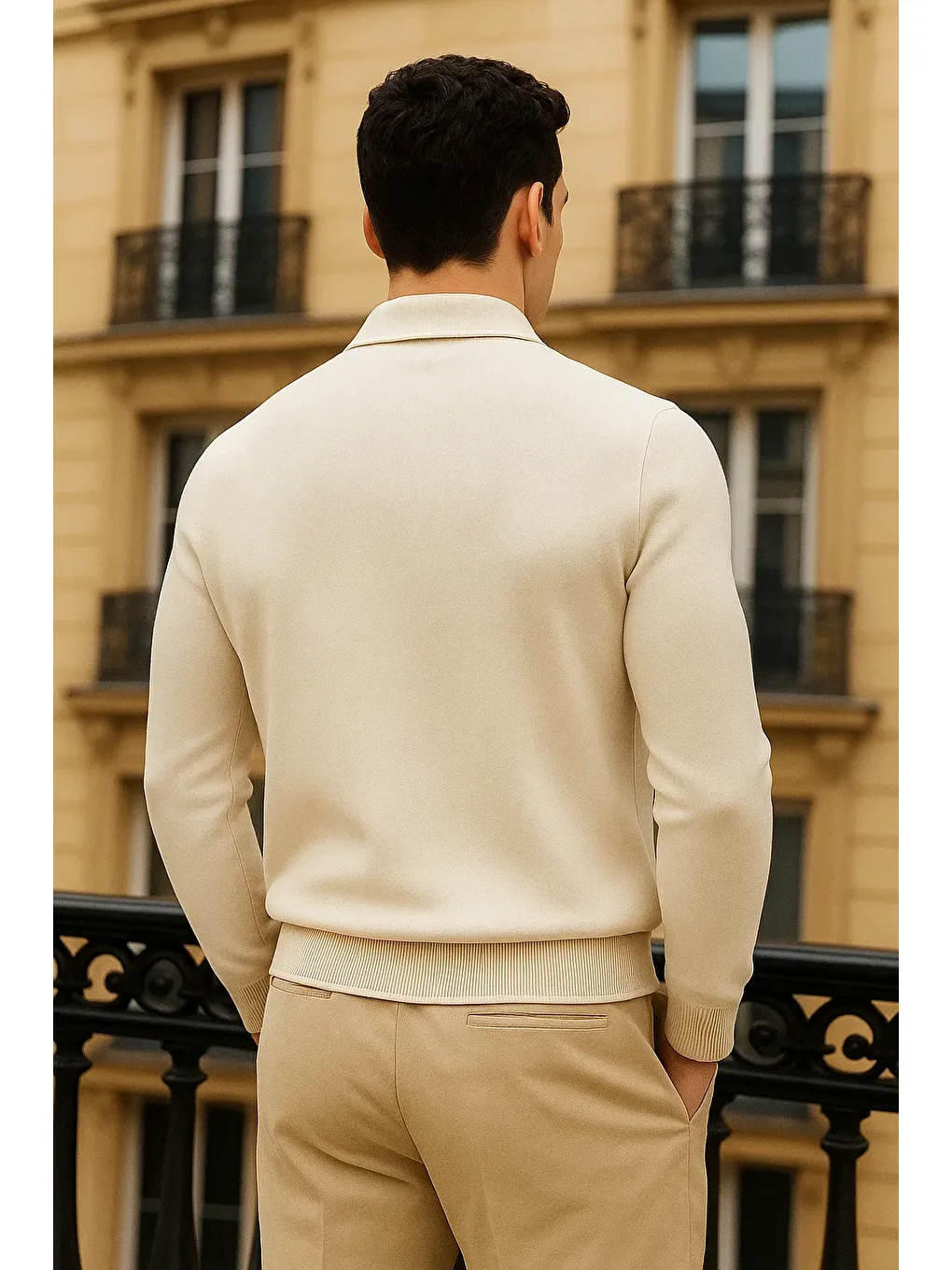 Ekru Erkek Trend Fermuarlı Krem Uzun Kollu Polo Yaka Tişört-4