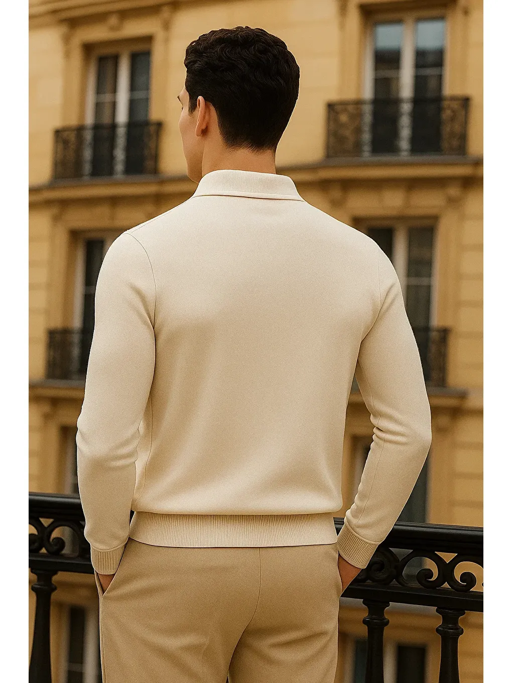 Ekru Erkek Trend Fermuarlı Krem Uzun Kollu Polo Yaka Tişört-5