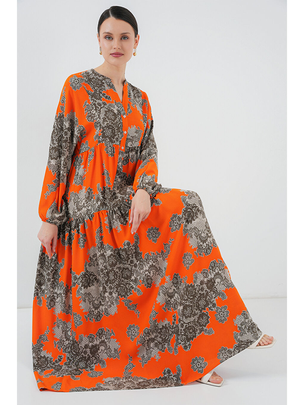 2423 Otantik Desenli Tesettür Elbise - E. Turuncu-1