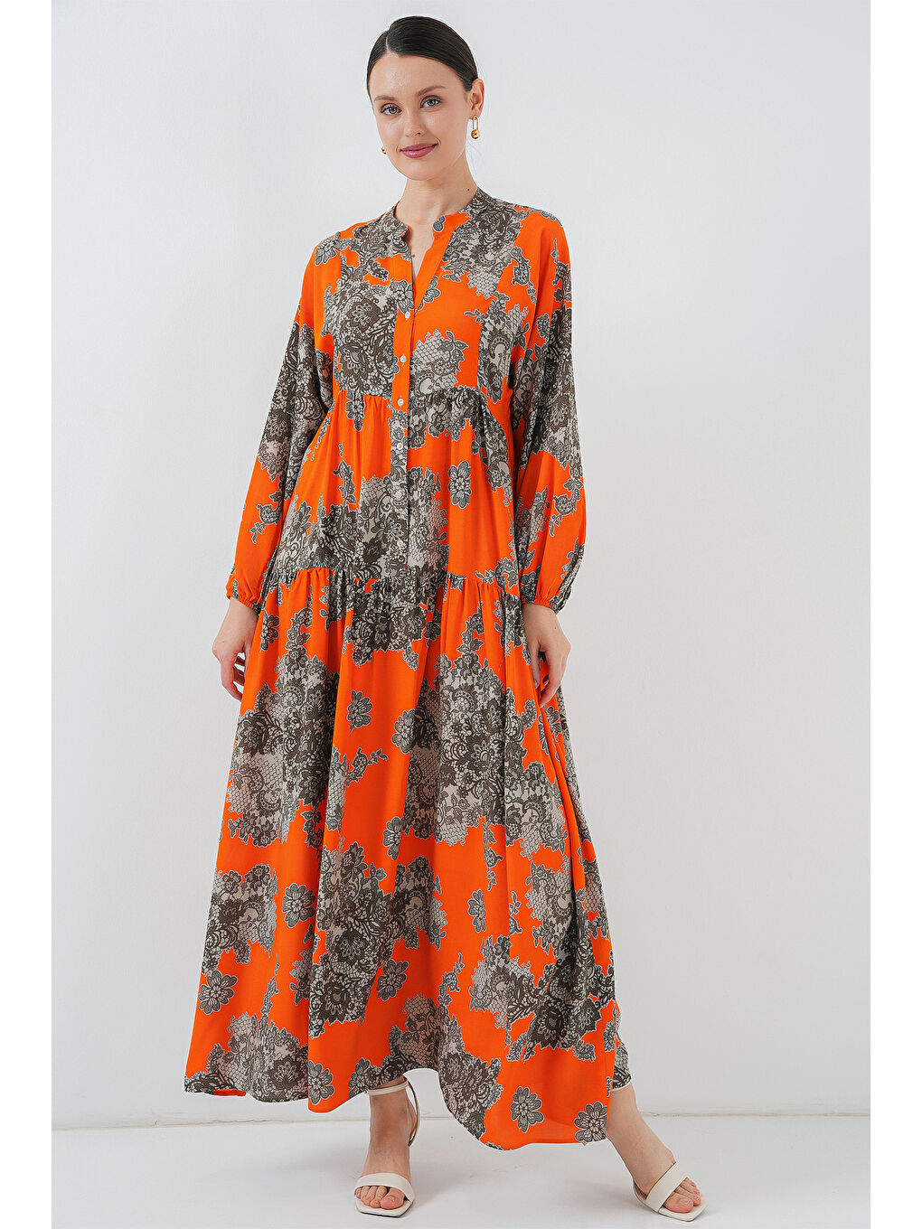 2423 Otantik Desenli Tesettür Elbise - E. Turuncu-2