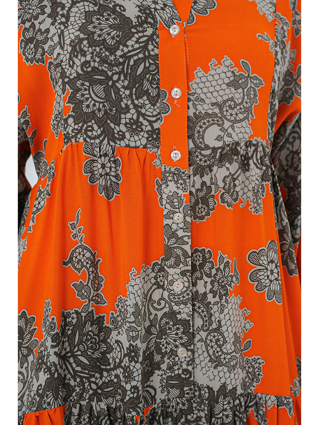 2423 Otantik Desenli Tesettür Elbise - E. Turuncu-3