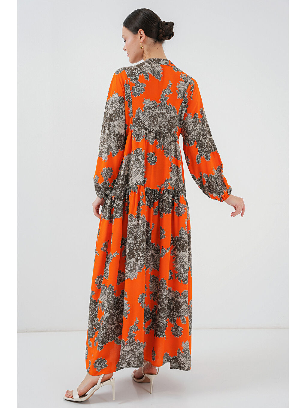2423 Otantik Desenli Tesettür Elbise - E. Turuncu-4
