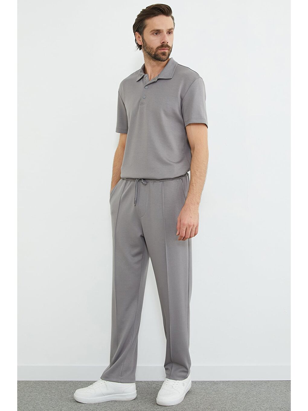 Gri Beli Lastikli Çimalı Modal Pantolon-2