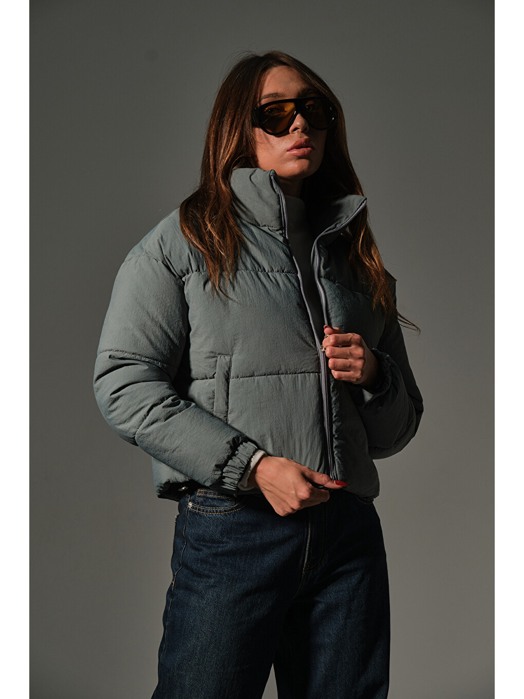 Yeşil Su itici kumaş, fermuarlı elyaf dolgu şişme crop kısa kadın mont @Aspen