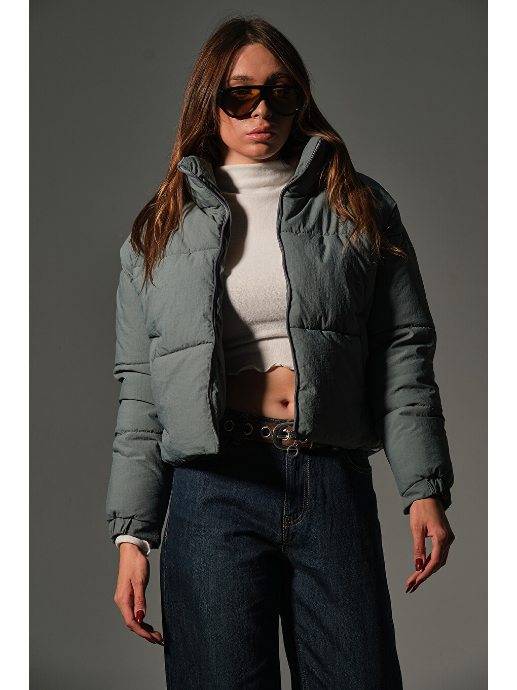 Yeşil Su itici kumaş, fermuarlı elyaf dolgu şişme crop kısa kadın mont @Aspen-1